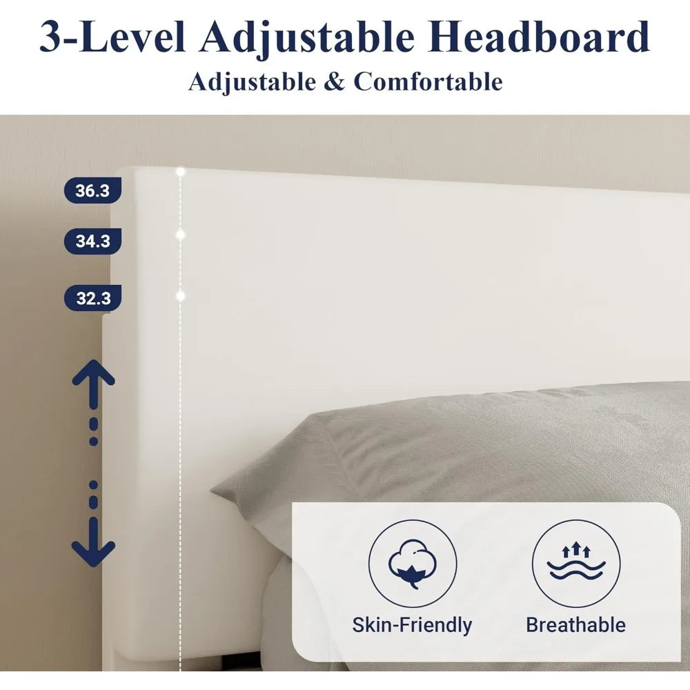 Queen Size Faux Leather Bed Frame with Adjustable Headboard, Wood Slat Support Platform Bed, Heavy Duty Mattress Foundation