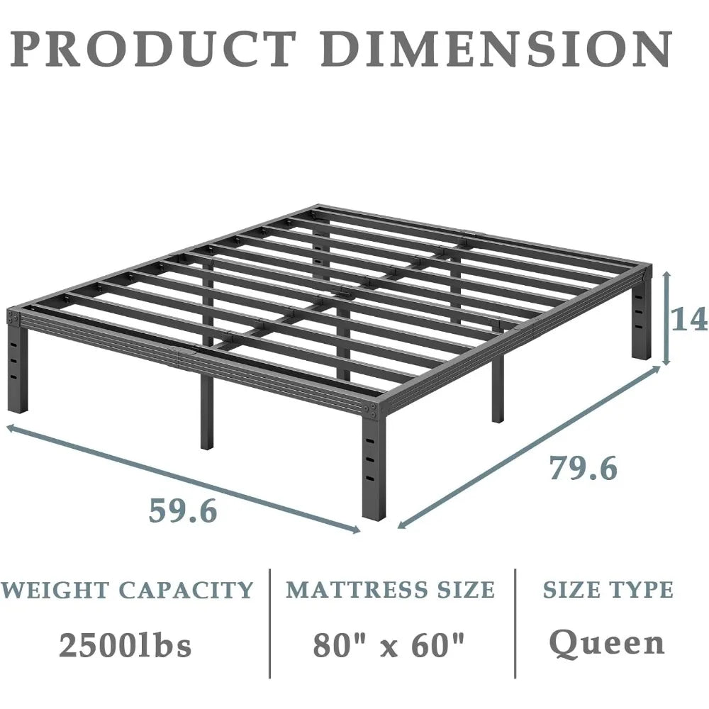Queen Size 14-Inch Metal Platform Bed Frame - No Box Spring Needed, Heavy Duty, Easy Assembly, Quiet, Black