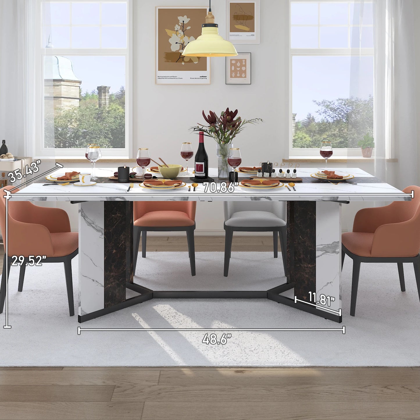 71" Large Luxurious Rectangular Dining Table for 6 8 10 People, Family Dinner Table w/Marble Color, Wood Tabletop, Metal Leg