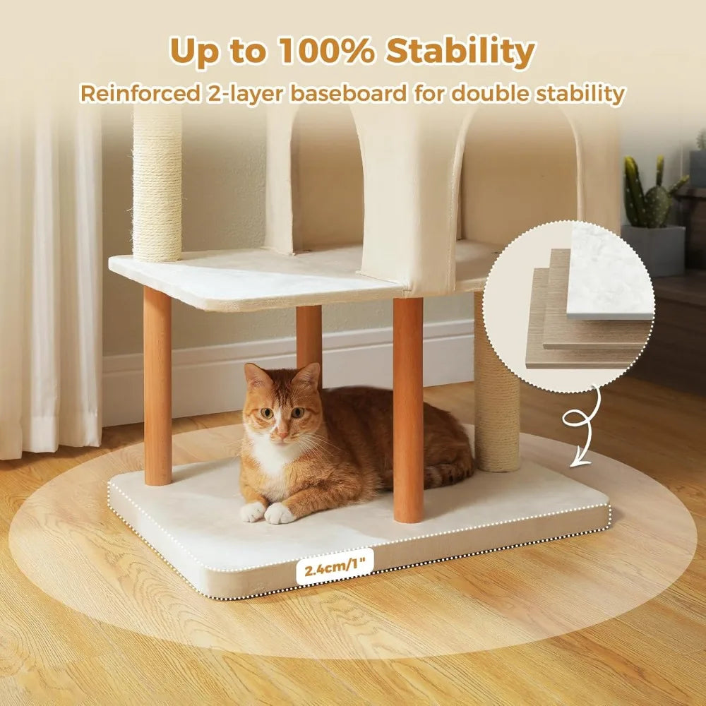 53-inch tall modern wooden cat tree for large indoor cats with multi-level condos and extended scratching posts