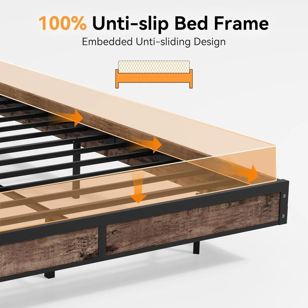 Queen Size Bed Frame with Storage Headboard, Sturdy Metal Platform Bed Frame with LED Lights and Charging Station, Easy Assembly