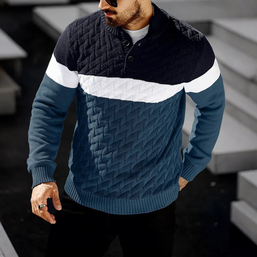 Men's Sweater Autumn Warm Contrasting Color Shawl Collar Pullover Long Sleeve Fit Casual Cable Knit Tops US Size