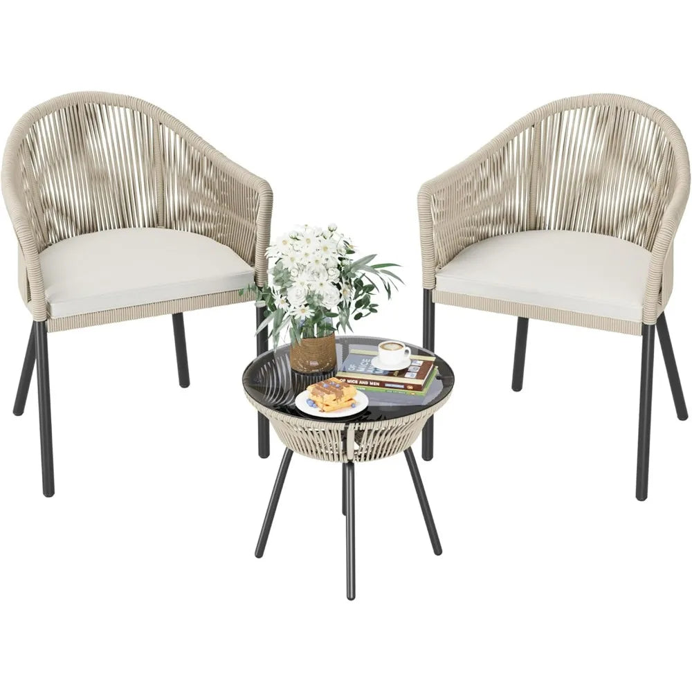 Patio Furniture Set 3 Pieces Rope Woven Bistro Set Outdoor Conversation Set with 2 Wide Chairs,Cushions and Tempered Glass Tabl