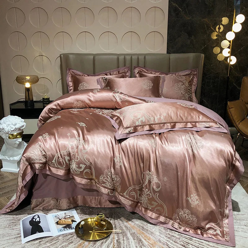 Soft Satin Jacquard Cotton Bedding Set, Luxury Duvet Cover, Blue, Gold, Gray, Queen, King Bed Sheet, Pillowcases, Home Textiles