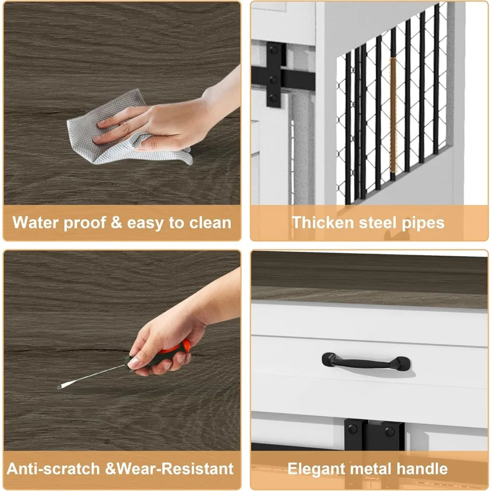 RQZ 65 Dual Dog Crate Furniture - Heavy-Duty Wooden Dog Cage Table with Storage Drawers and Stainless Steel Bowls