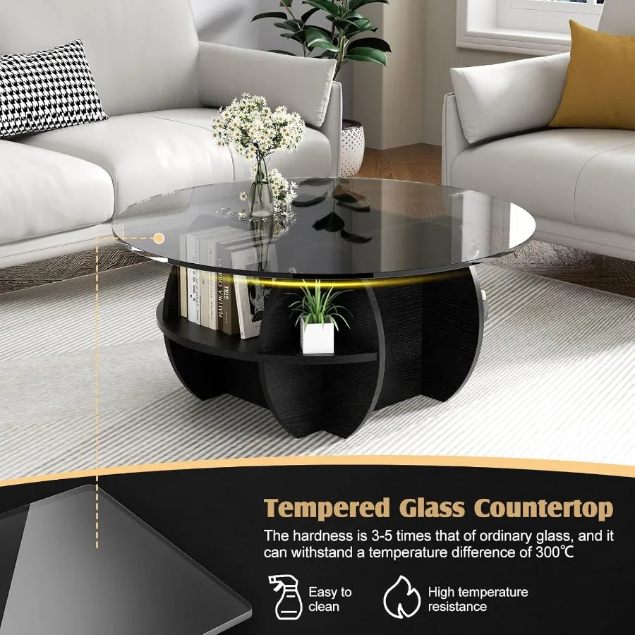 Round Coffee Table Modern Coffee Table Glass Top with Solid Wood Base Large Rustic Circle Center Cocktail Table Unique Accent G