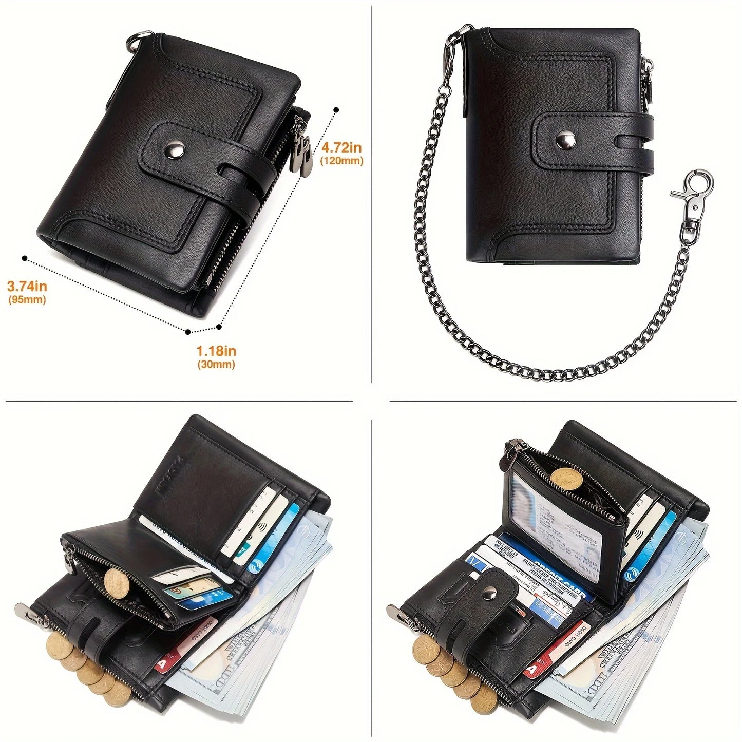 1pc Premium Top Layer Cowhide Leather Wallet - RFID Blocking, Bifold with Double Zipper Pockets & Anti-Theft Chain - Durable, St