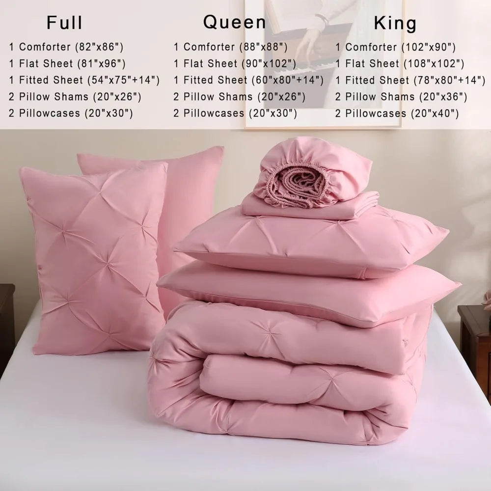 DOWNCOOL 7 Pieces King Size Comforter Set, Pink Pintuck Bed in A Bag, Pinch Pleat King Size Bed Set,All Season Bedding Sets with