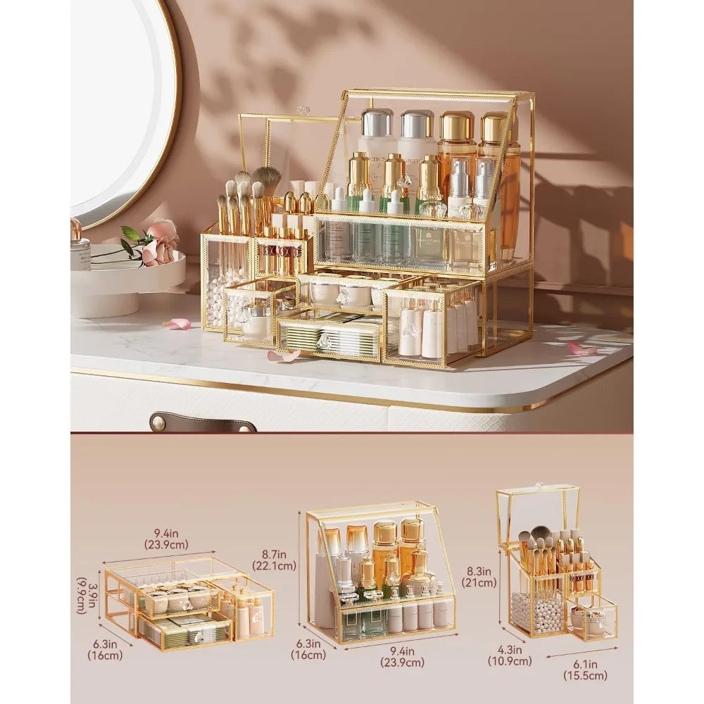 Clear Makeup Organizer with Gold Frame – Countertop Vanity Organizer for Skincare, Lipsticks, Perfume & Brushes – Bathroom Cosme