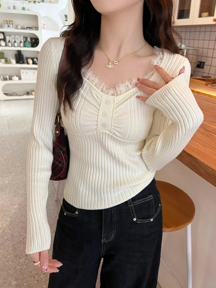Women's Autumn Winter Simple Base Layer Tops New Low-Neck Lace Trim Splice Knitted Pullovers Solid Color V-neck Slim Fit Sweater