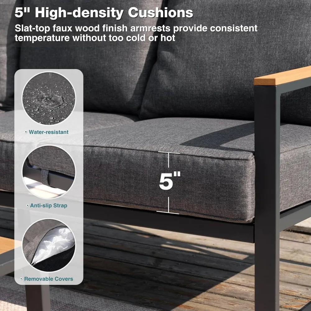 Metal Patio Furniture Set, 6 Pieces Outdoor Sectional Sofa Set with Side Table, L Shape Patio Conversation Set with Faux-Wood