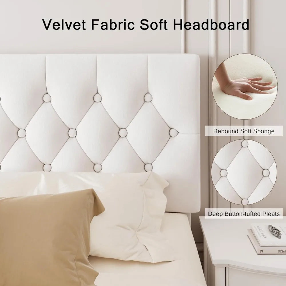king upholstered bed frame with headboard, button tufted linen bed base, platform bed with wood slat, heavy duty, easy assembly,