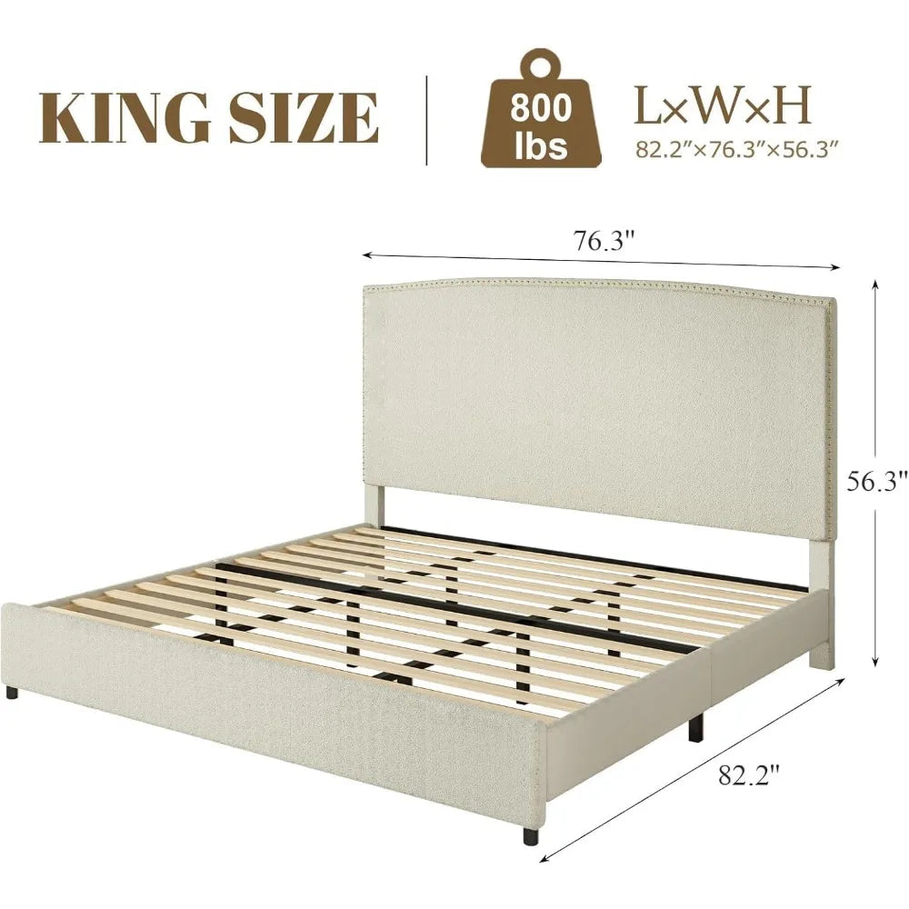 King Size Bed Frame with Upholstered Headboard, 56" Modern Platform Bed, Soft Boucle Fabric & Gold Nailhead Trim