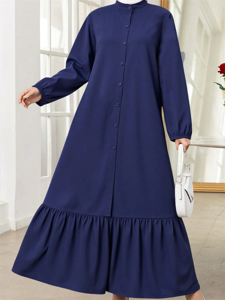 Middle Eastern Style Women s Long Dress with Solid Color and Loose Fit Design Featuring Button Down Front Crew Neck and Long