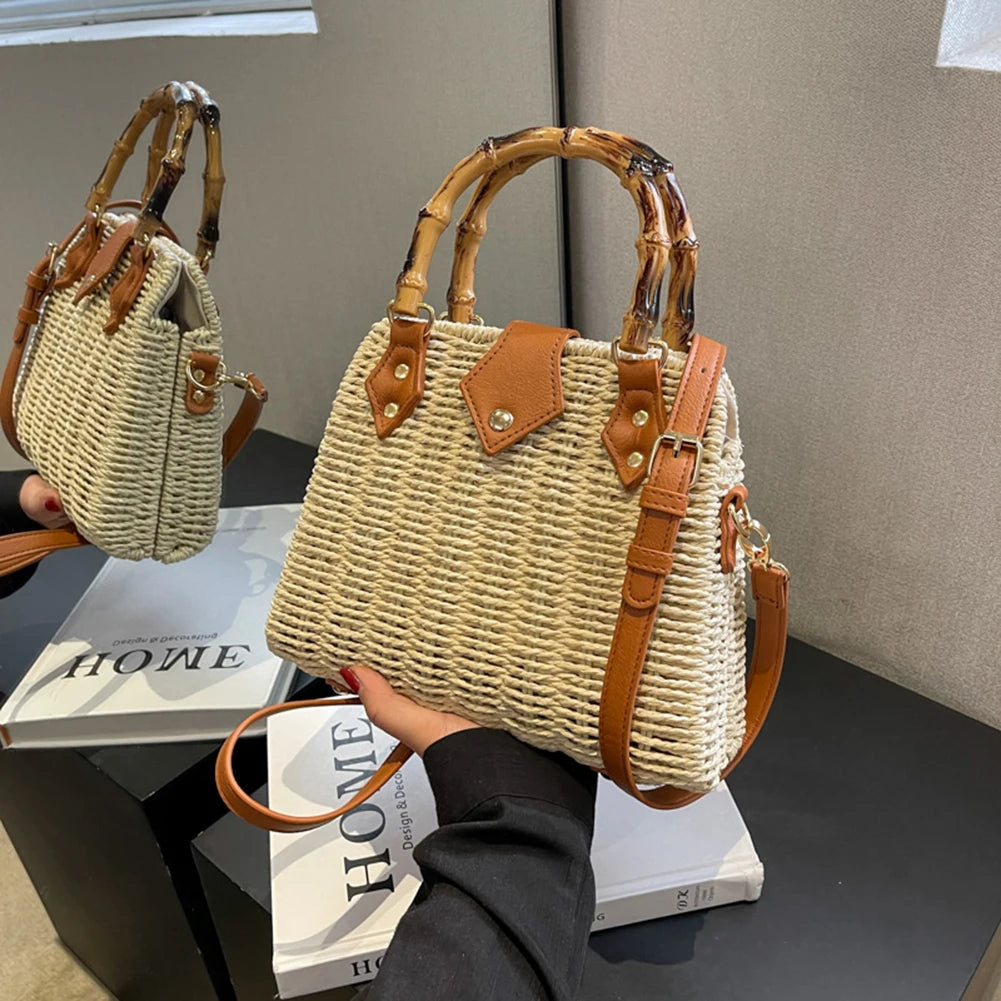 Summer Hand-Woven Handbags Bamboo Handle Woven Beach Crossbody Bag Handmade Simple Portable Adjustable Strap for Seaside Holiday