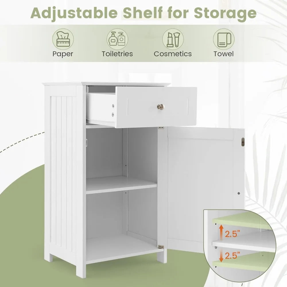 small bathroom cabinet for small spaces, freestanding single door bathroom storage with adjustable shelf, anti-tipping device,
