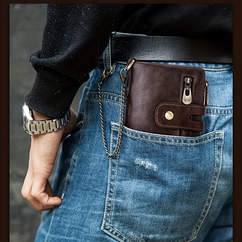 Chain Wallets for Men, Genuine Leather RFID Blocking Card Holder, Bifold Wallet With Double Zipper Coin Pocket