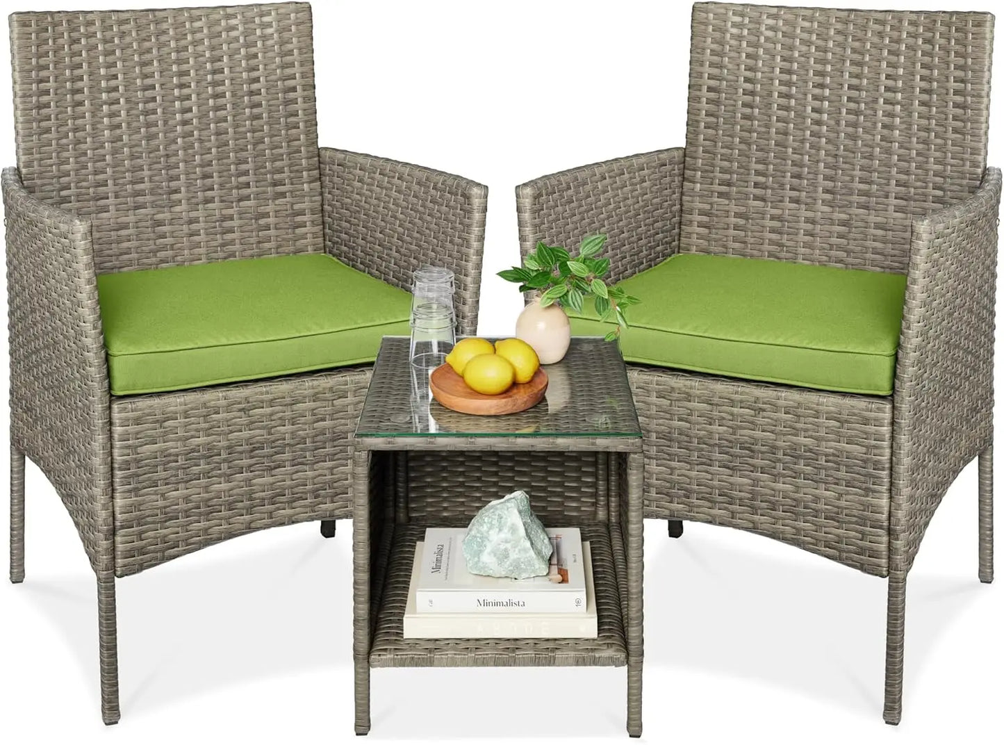 3-Piece Outdoor Wicker Conversation Bistro Set, Space Saving Patio Furniture for Garden w/Side Table