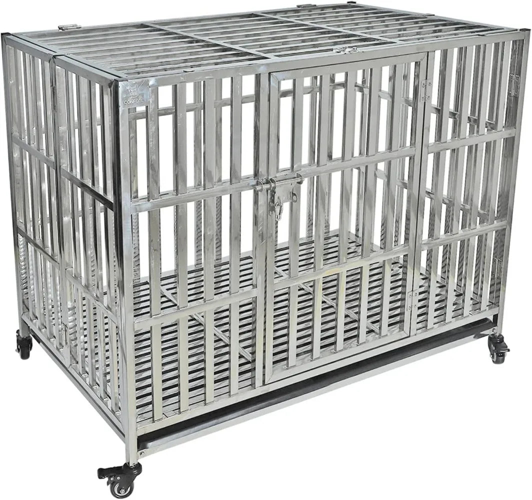 Stackable Stainless Steel Dog Crate Heavy Duty Pet Kennel Foldable Indestructible Dog Cage Playpen with Lockable Rolling Wheels