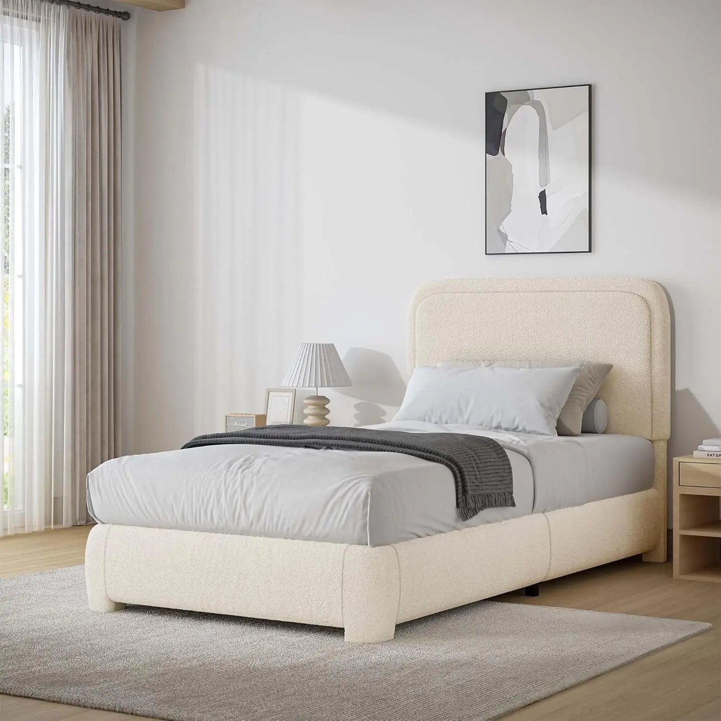 Twin Size Bed Frame, Boucle Upholstered Platform Bed with Headboard, Modern Style, Soft Rounded Corners, No Box Spring Required,