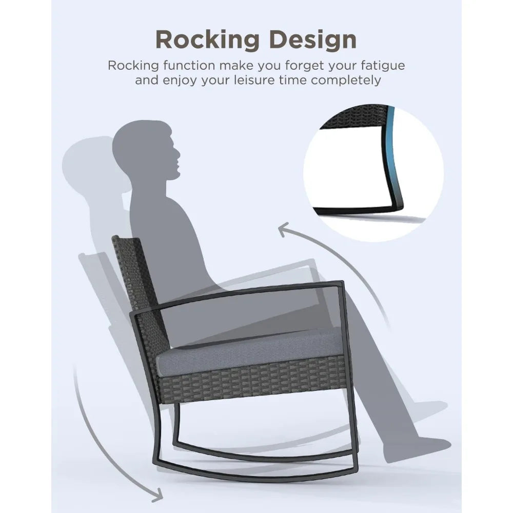 3 Pieces Patio Furniture Set Rocking Bistro Set Outdoor Rattan Conversation with Coffee Table for Garden Balcony Backyard