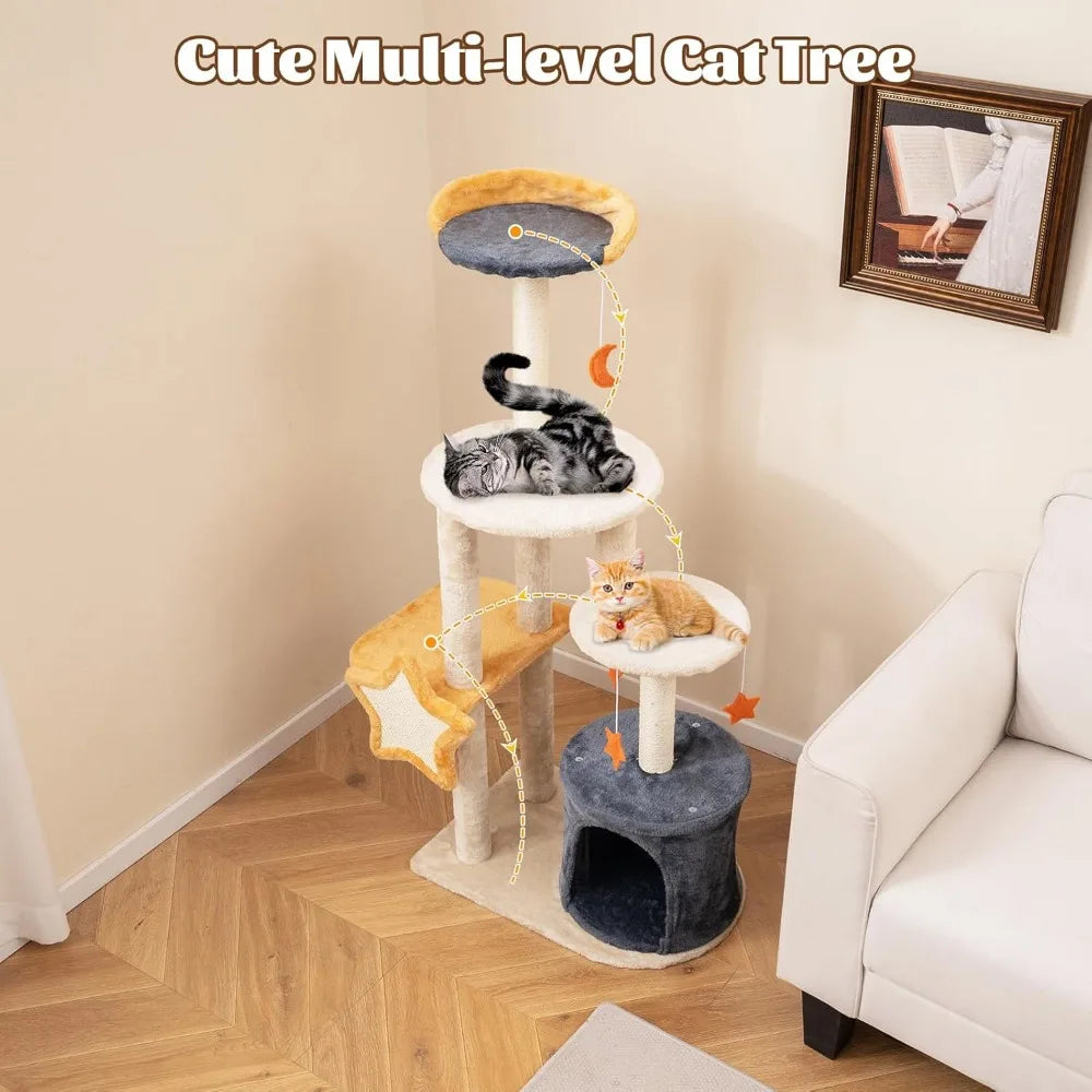 50-inch multi-level cat tower with condo, sisal scratching posts, board, plush top perch, and platform