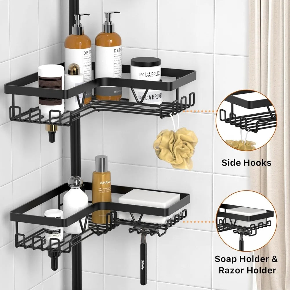 Corner Shower Caddy Tension Pole - Shower Tension Rod Organizer, Floor to Ceiling Shower Caddy 25-114.2 inch, Towel Rack Corner