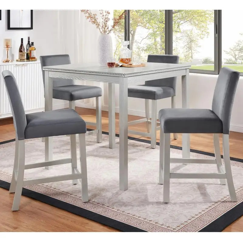 5-Piece Counter Height Dining Set, Wooden Table with Square Design and 4 Upholstered Chairs, Stylish Kitchen Furniture with