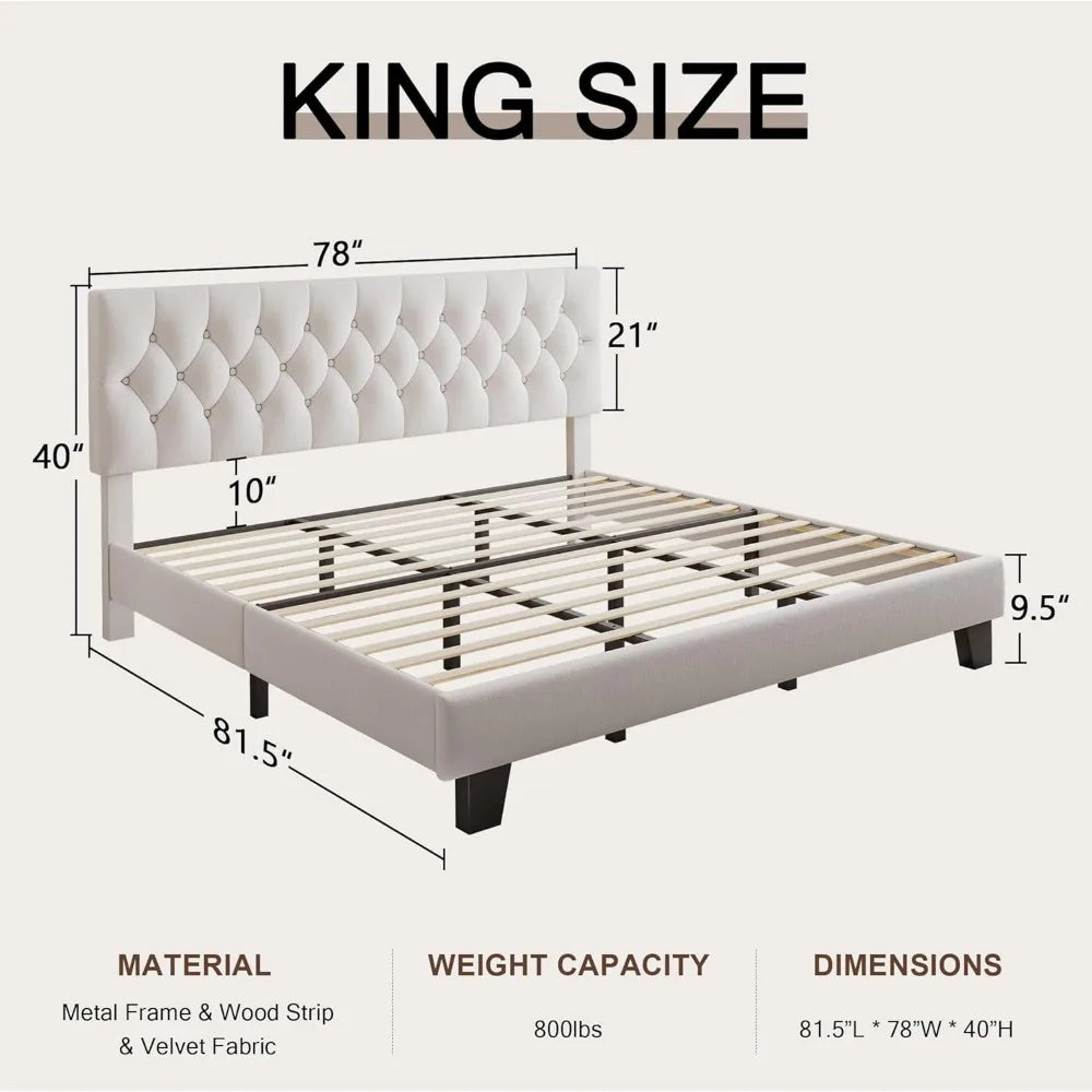 king upholstered bed frame with headboard, button tufted linen bed base, platform bed with wood slat, heavy duty, easy assembly,