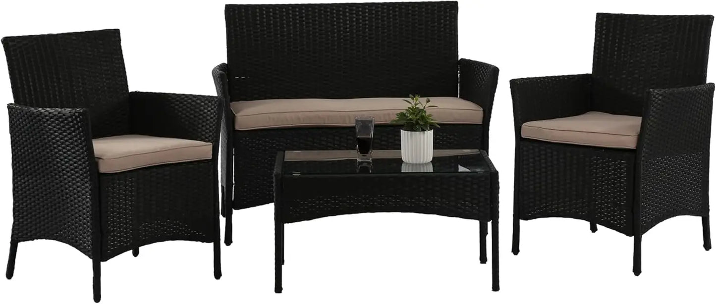4 Pieces Patio Furniture Set Rattan Outside Furniture Wicker Sofa Garden Conversation Sets with Soft Cushion and Glass Table for