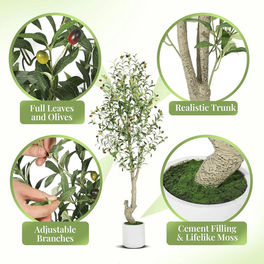 1-2pcs Artificial Olive Tree with White Planter & Fruits, Realistic Faux Indoor/Outdoor Plant, 5-7ft Tall Fake Tree for Home