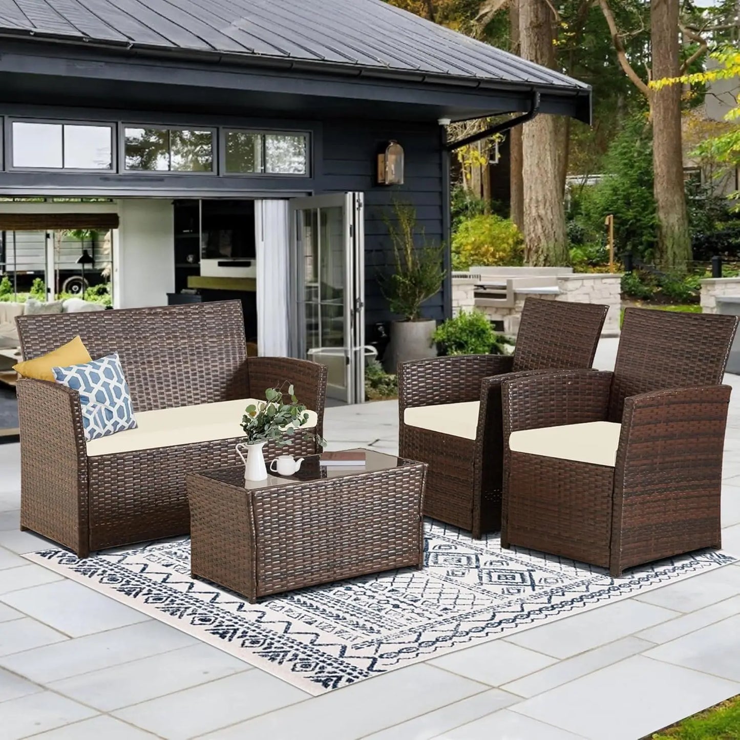 4 Piece Patio Furniture Set,Outdoor Wicker Conversation Sets,Rattan Sectional Sofa w/Coffee Table,Seat Cushions for Backyard Por