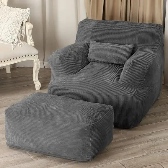 Bean Bag Sofa Chair with Ottoman, Comfy Floor Couch, Oversized Reading Chair for Bedroom, Dorm Room, Living Room, Darkgrey