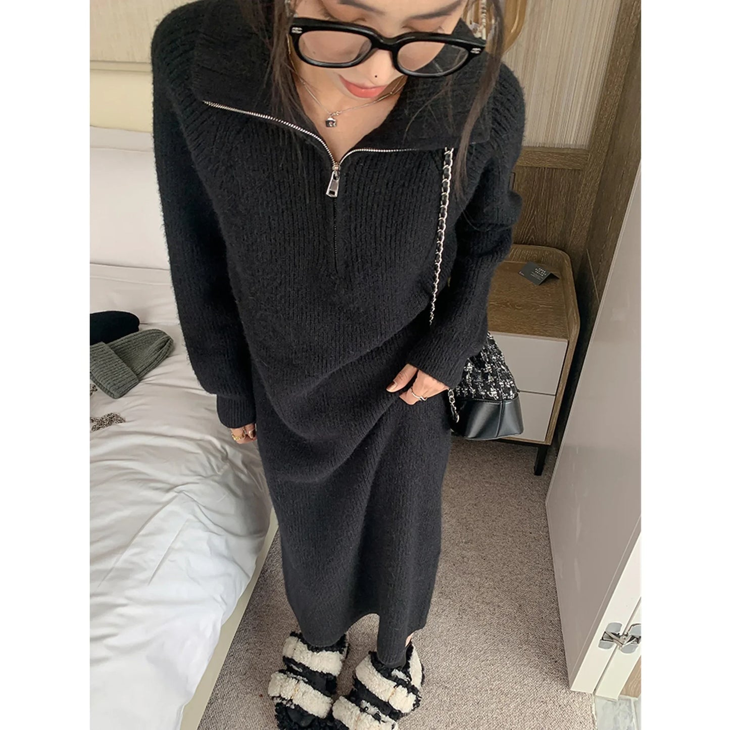Spring Autumn 2025 Knitted Midi Dress Long Sleeve Inner Wear Base Skirt Elegant Goddess Style Coat Matching Casual Dress