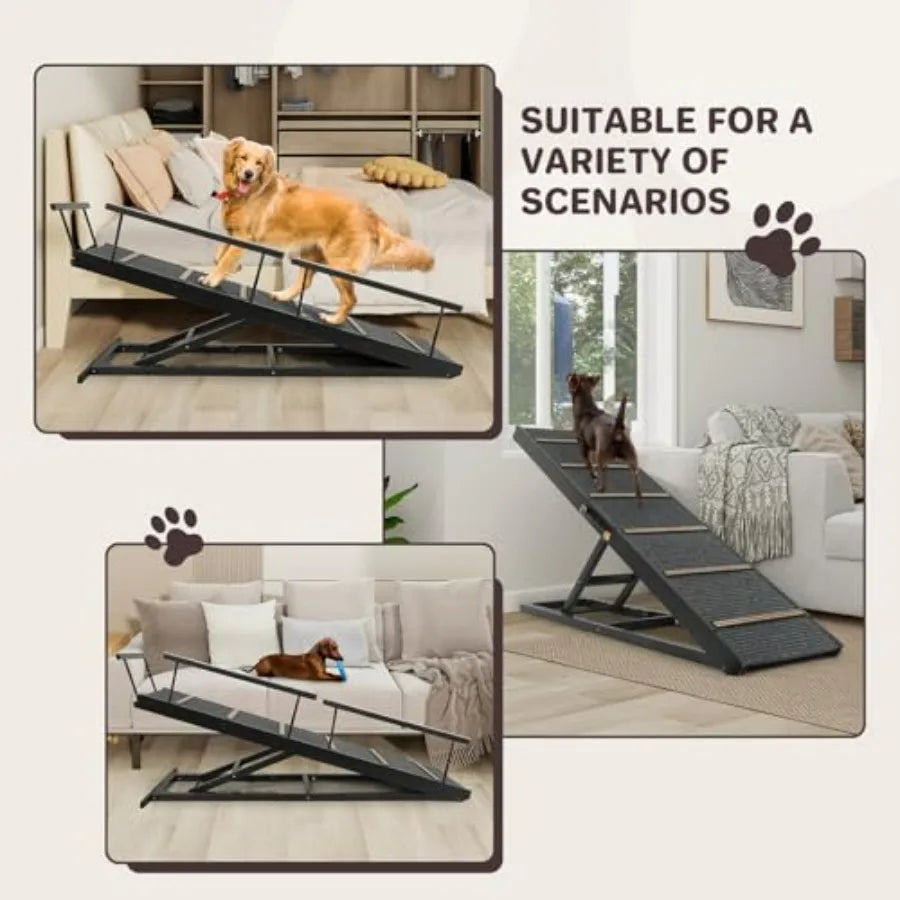 Pet Ramp Folding Portable Wooden Dog Cat Ramps for Couch or Bed Including Non Slip Mat Safety Side Rails 64.2 Inch Long and Hei