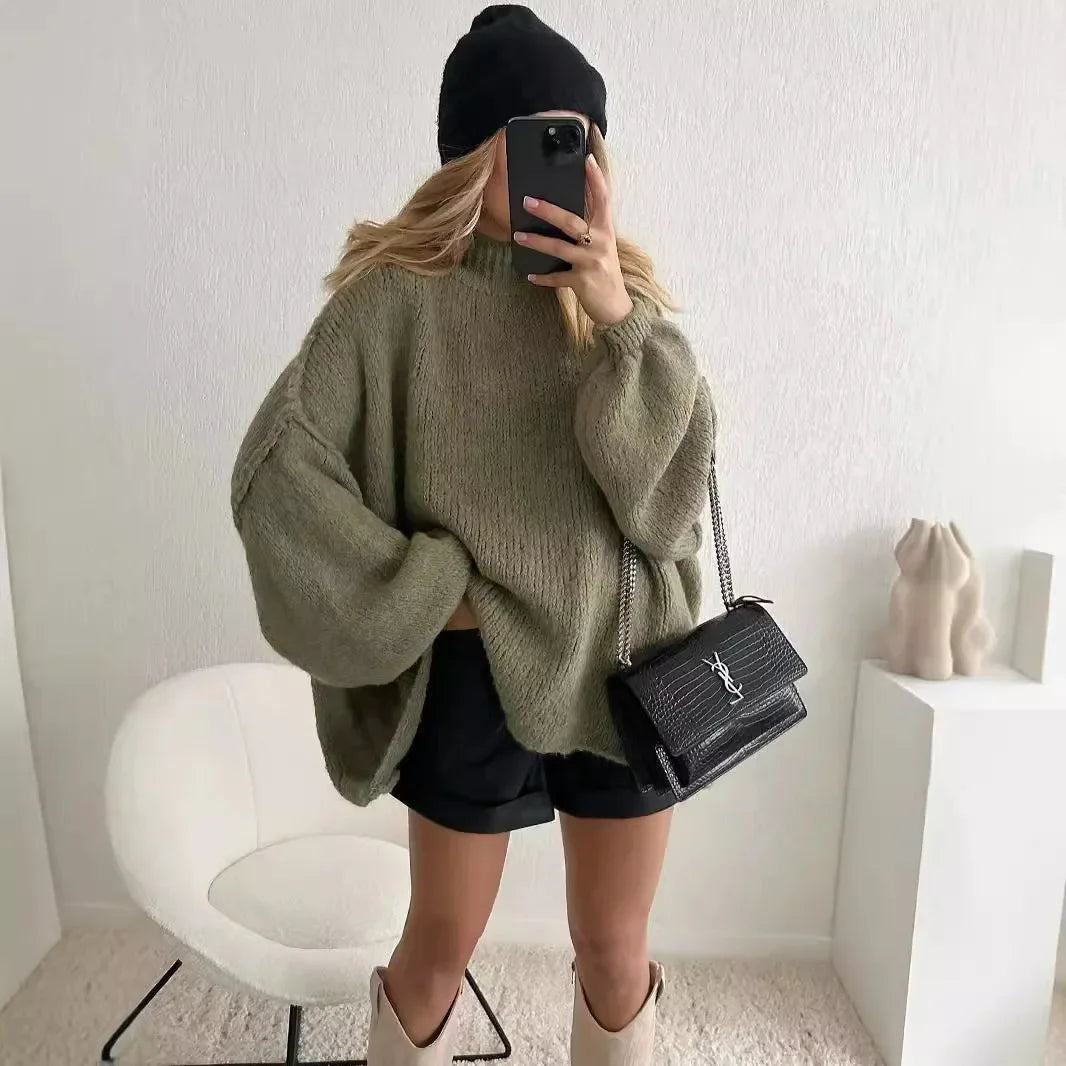 New Fall/winter Women's Sweater Solid Color Semi-turtleneck Casual Commuter Style Knit Pullover Loose Sweater Simple All-match