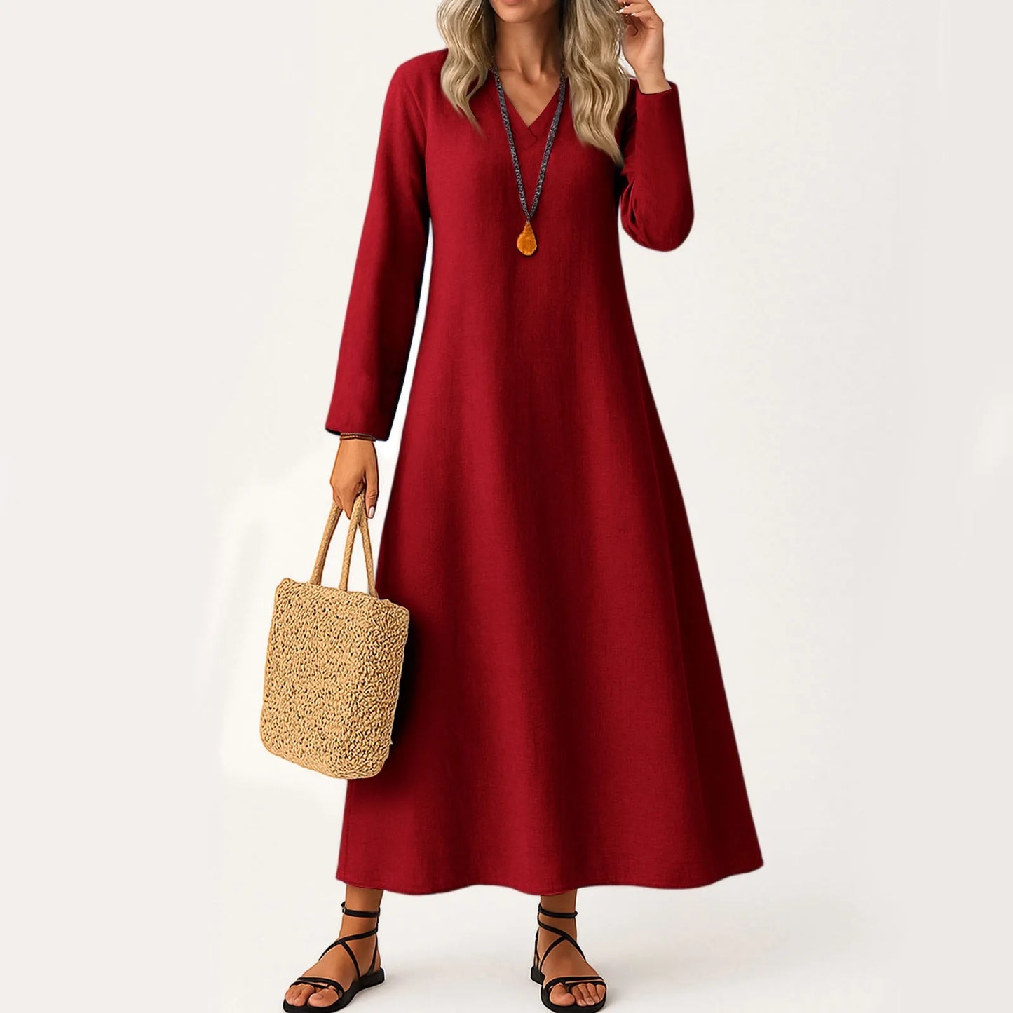Dress For Women Long Boho Beach Dress Elegant Maxi Dress V-Neck Long Sleeve Dress With Pockets Vestidos Para Mujer Female Dress