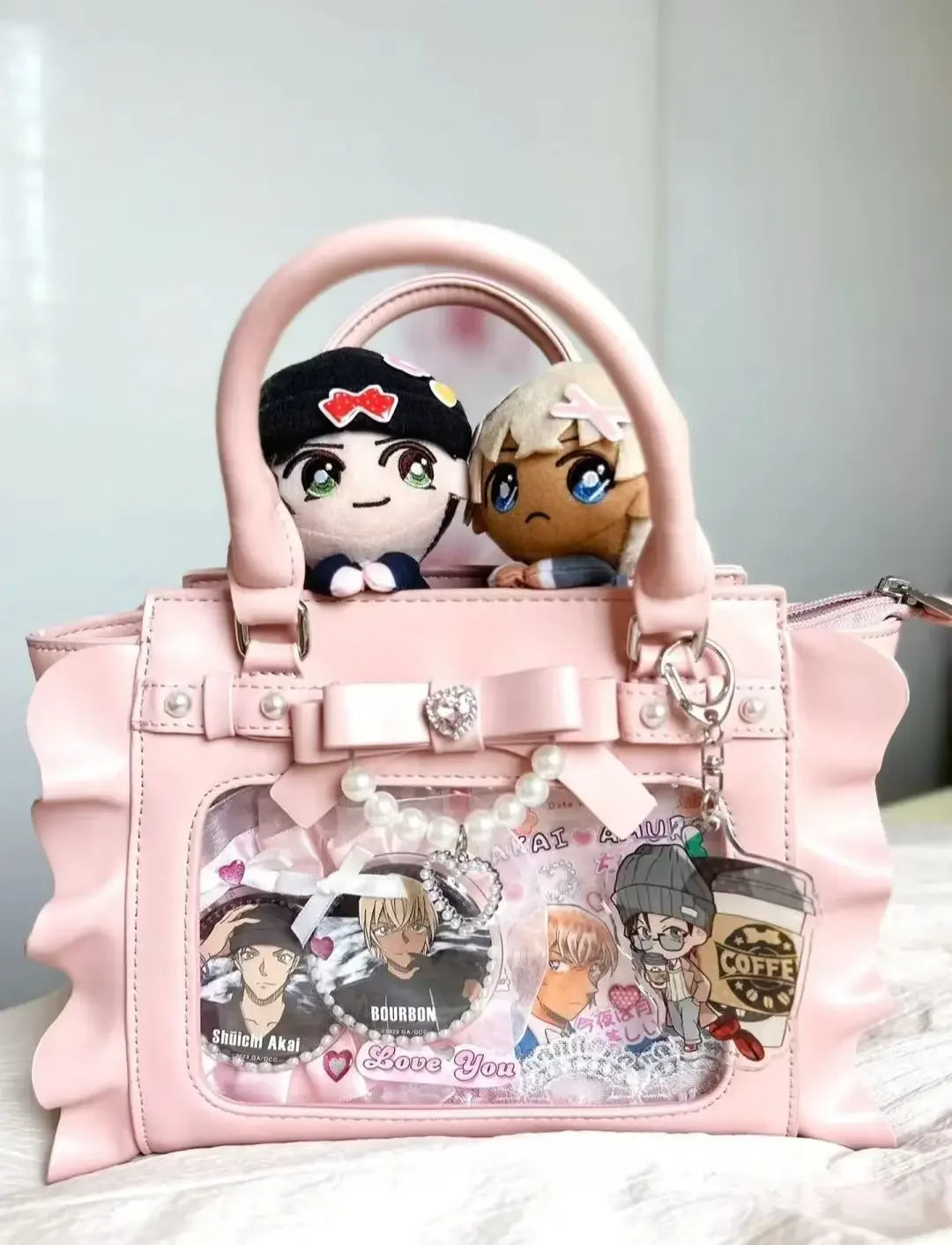 Harajuku Square Pink Ita Bag Women New Japanese Pearl Handle Messenger Bag Wallet Female Sweet Cute Crossbody Bags Aesthetic