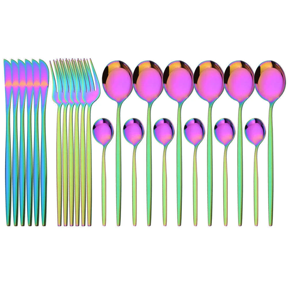 24Pcs Dinnerware Set Stainless Steel Tableware Knife Fork Tea Spoon Cutlery Set Multiple Colour Silverware Kitchen Flatware Set