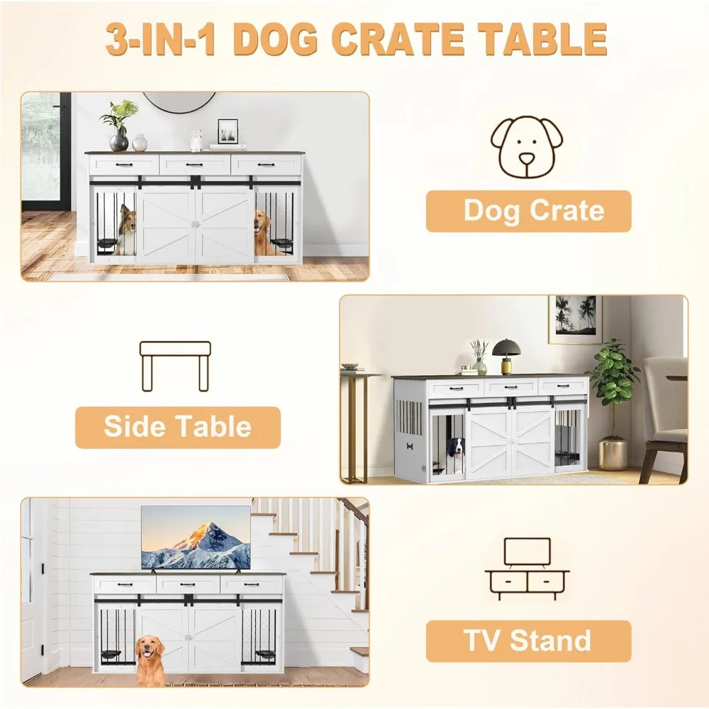 RQZ 65 Dual Dog Crate Furniture - Heavy-Duty Wooden Dog Cage Table with Storage Drawers and Stainless Steel Bowls