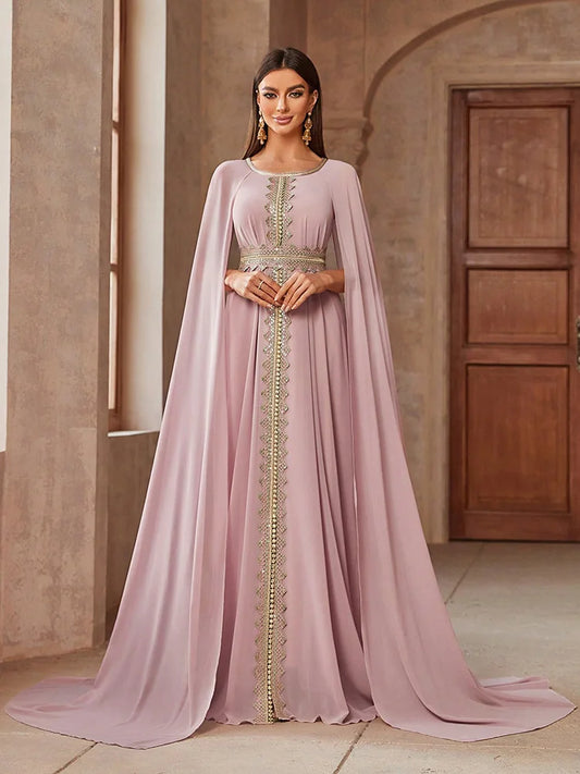 TOLEEN Luxury Embroidery Arabian Muslim Dresses Elegant Women's Color Block Lace Spliced Cape Sleeves Waist Gathered Long Dress