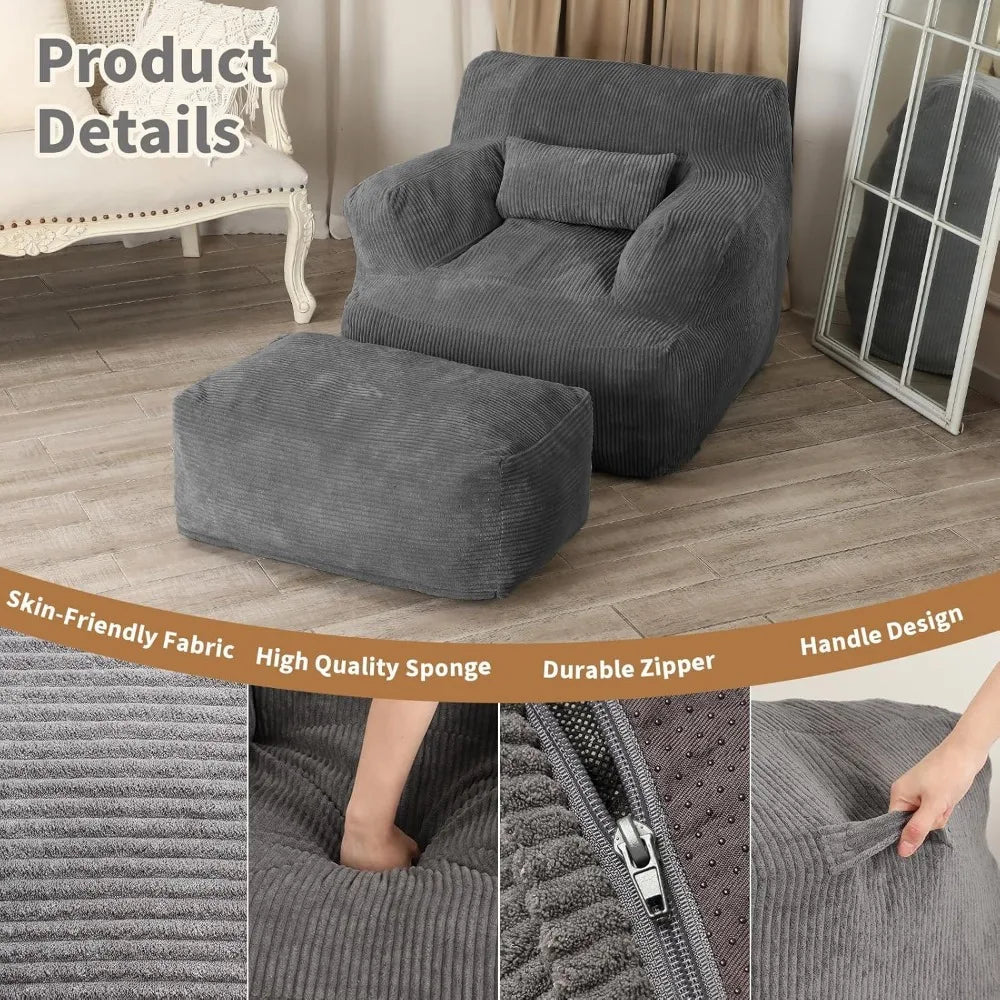 Bean Bag Sofa Chair with Ottoman, Comfy Floor Couch, Oversized Reading Chair for Bedroom, Dorm Room, Living Room, Darkgrey
