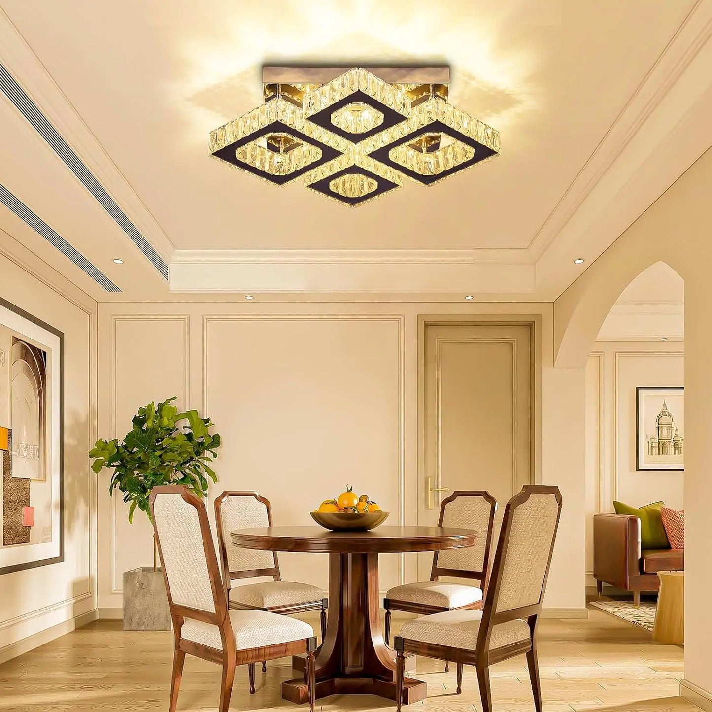 22" Crystal Chandelier Square Flush Mount Ceiling Light Modern LED 4 Lights Crystal Chandelier for Dining Room Bedroom Kitchen