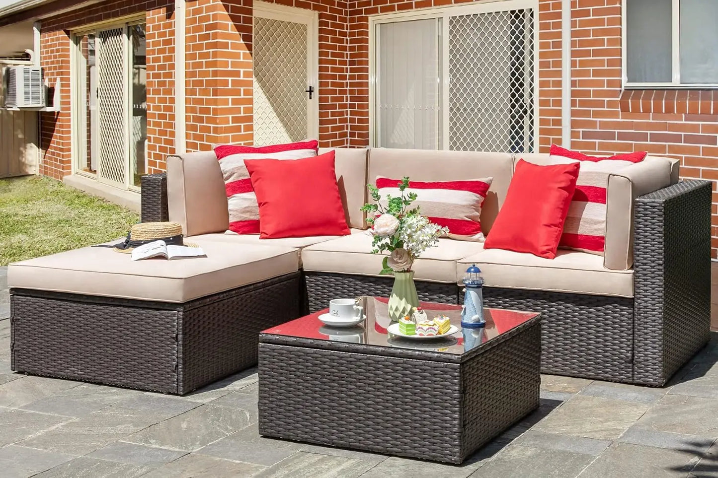 5-Piece Patio Set: All-Weather Brown PE Wicker Sectional Couch - Outdoor Conversation Group for Garden & Patio