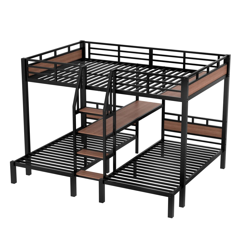 Queen Over Twin Over Twin Metal Bunk Bed ,triple Metal Bunk Bed with Storage Shelves and Storage Stairs,black