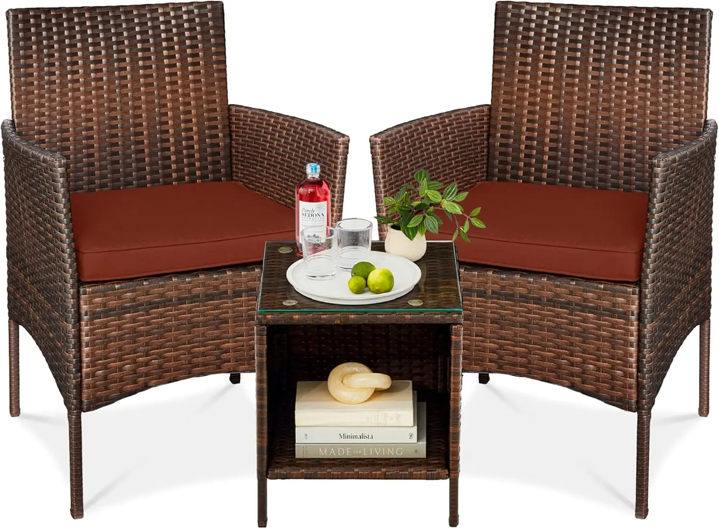 3-Piece Outdoor Wicker Conversation Bistro Set, Space Saving Patio Furniture for Garden w/Side Table