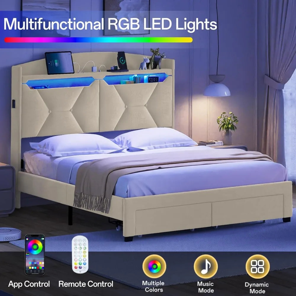 queen size bed frame with storage headboard, queen bed frame with 2 drawers, upholstered platform bed with charging station and