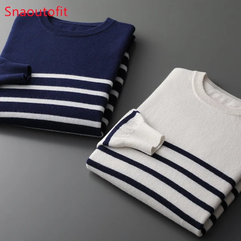 Men's New 100% Pure Wool Sweater O-neck Navy Style Striped Top Spring and Autumn Loose Youth Business Casual Cashmere Sweater