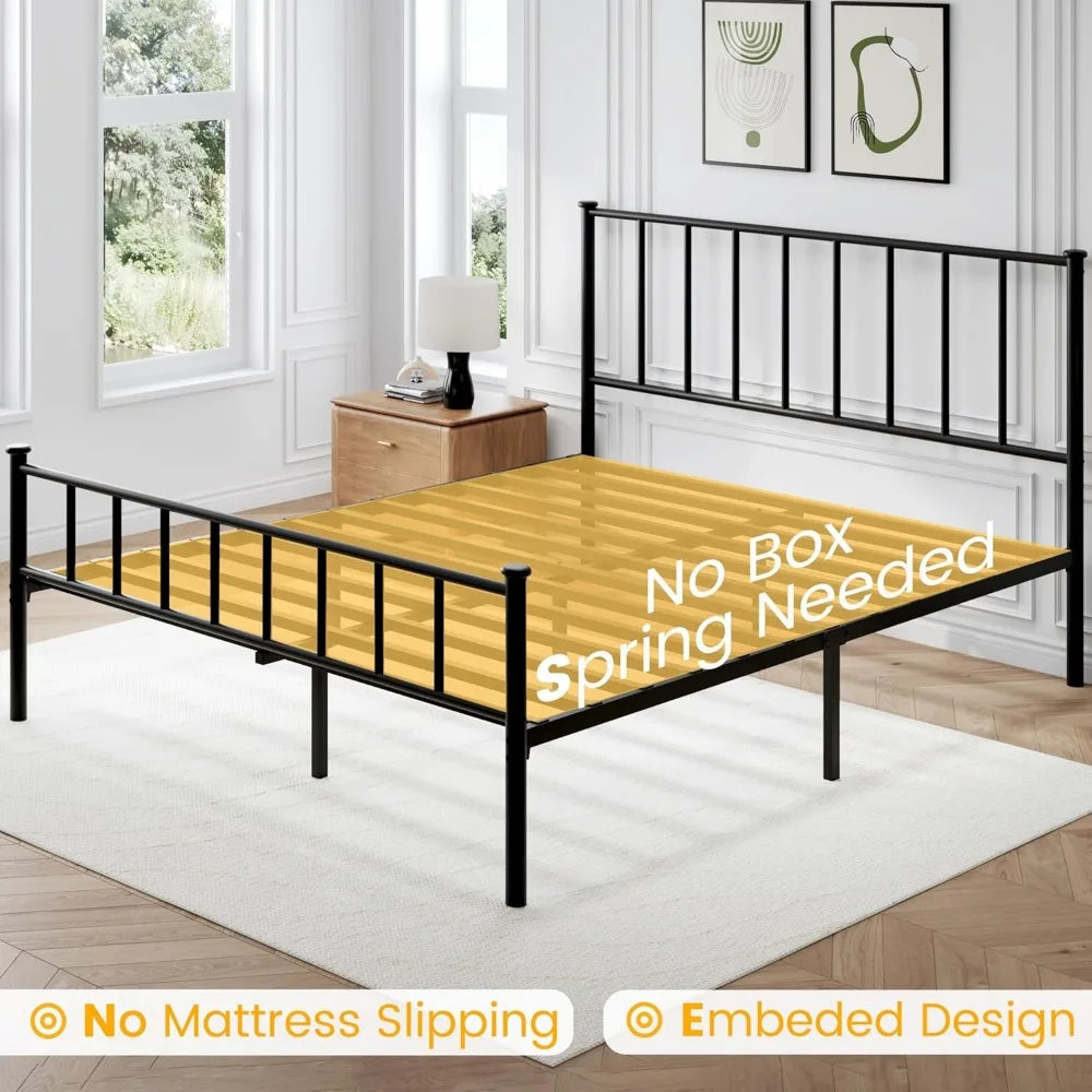 Metal Queen Bed Frame with Headboard, Footboard, Slat Support, Underbed Storage, No Box Spring Needed
