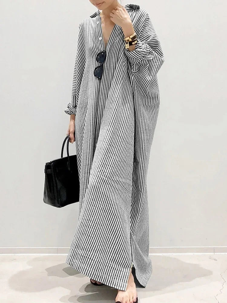 2025 Stripe Printed Beach Party SundressSpring Fall Bohemian Women Long Sleeve Lapel Dress Fashion Casual Loose Vestidos